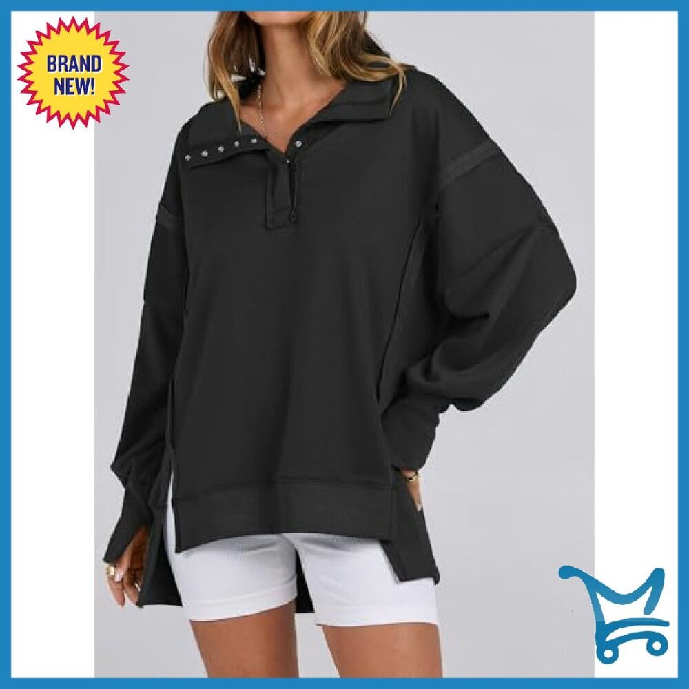 Oversized Henley Sweatshirt, Rayon Polyester Blend, High Low Split - Picture 3 of 8